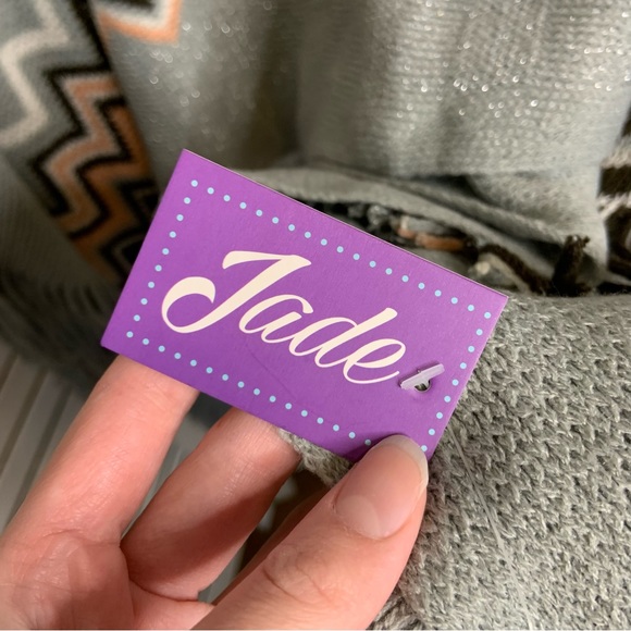 Jade Chevron Print Metallic Light Gray Brown and Pink Fringe Winter Poncho - Picture 11 of 12